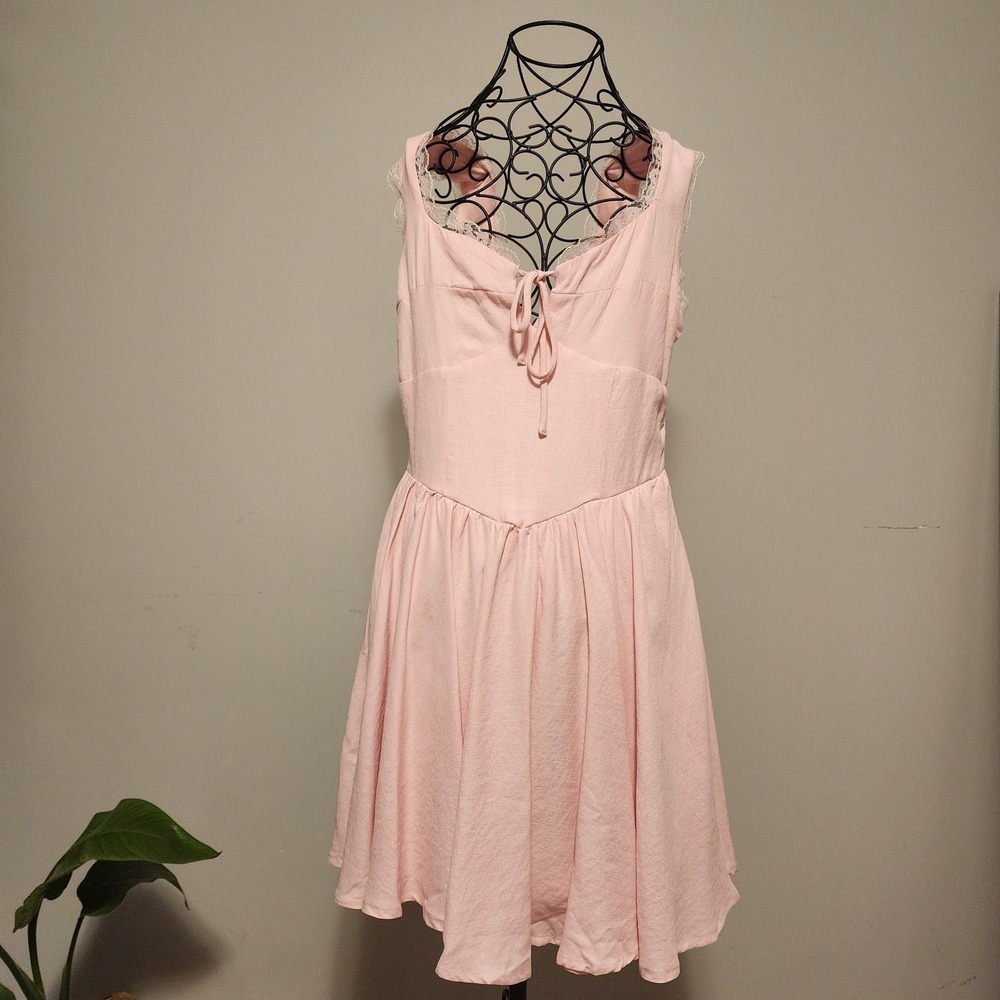 Forever 21 Lace Trim Tie Front Basque Waist Mini Dress Pink Large